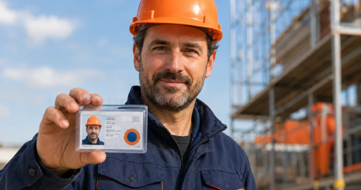 Artisan BTP tenant sa carte d'identification professionnelle CIBTP sur chantier