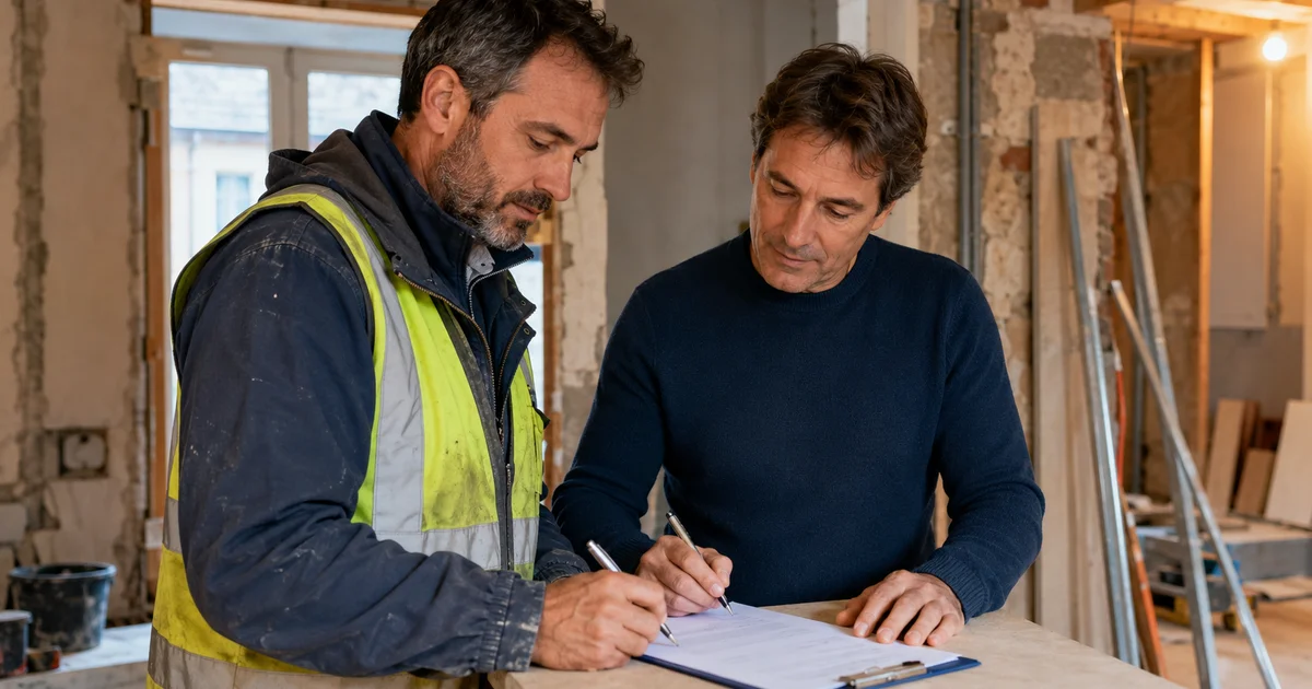 Artisan BTP et client particulier signant un contrat de travaux sur chantier