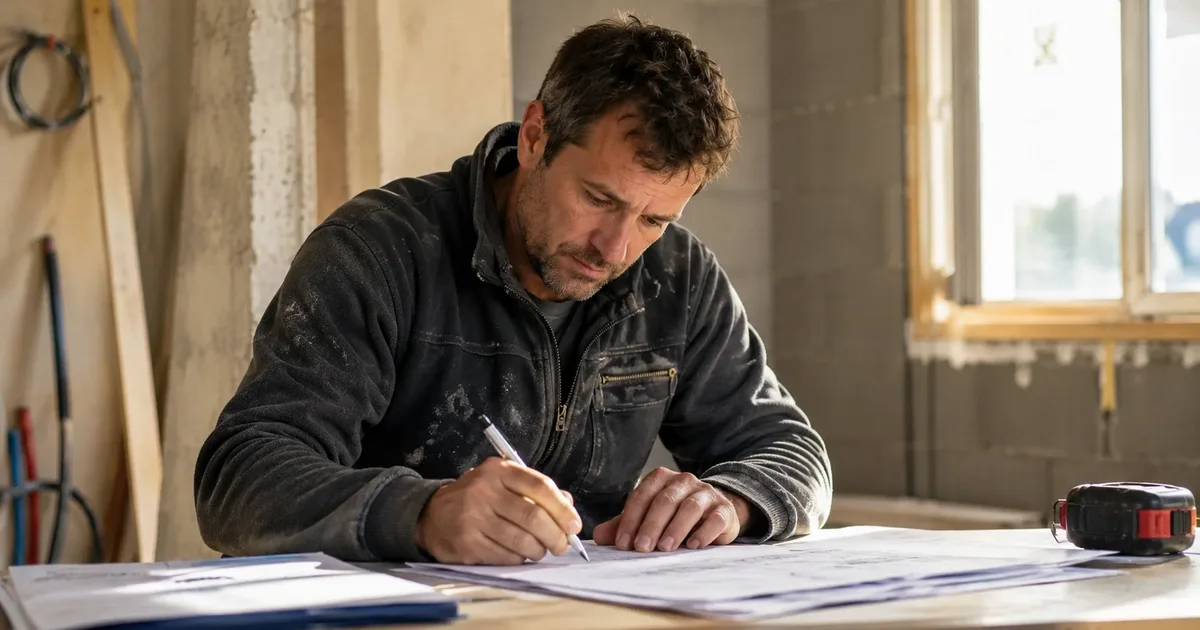 Artisan BTP rédigeant un devis sur les plans du chantier
