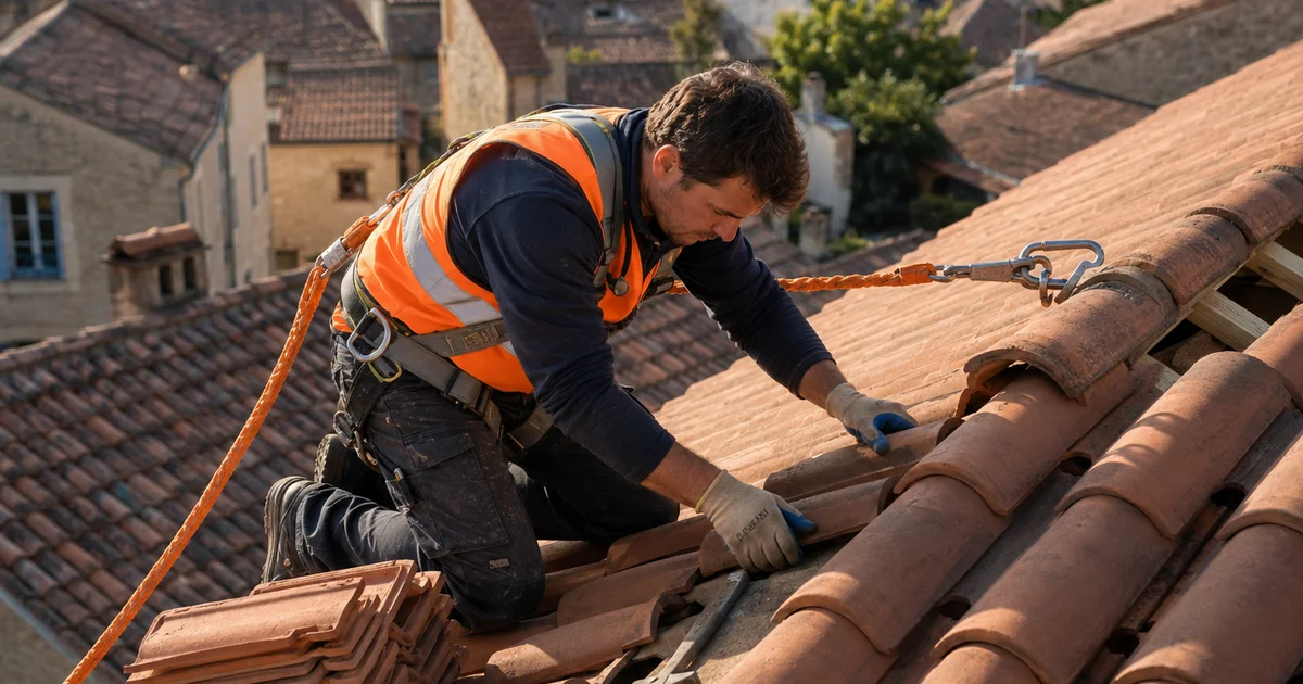 Couvreur artisan sur chantier toiture avec tuiles et outils de pose