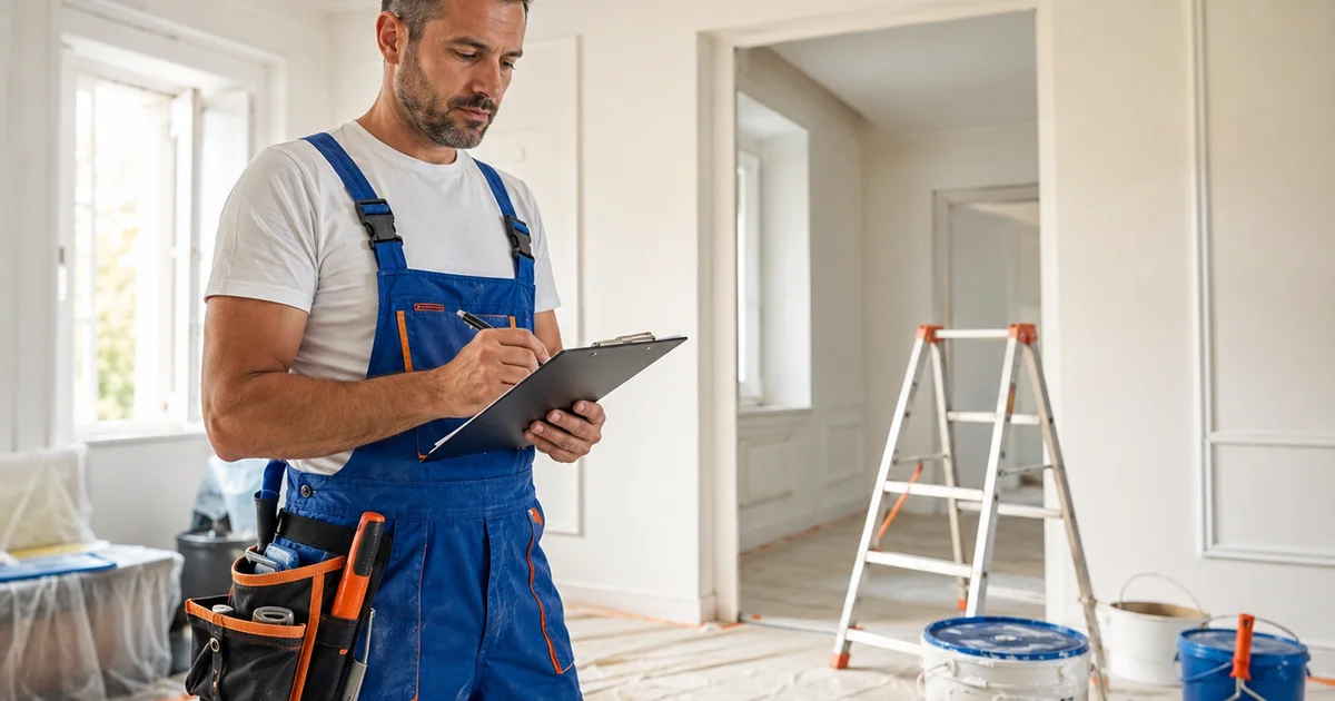 Peintre artisan préparant un devis sur chantier de rénovation intérieure