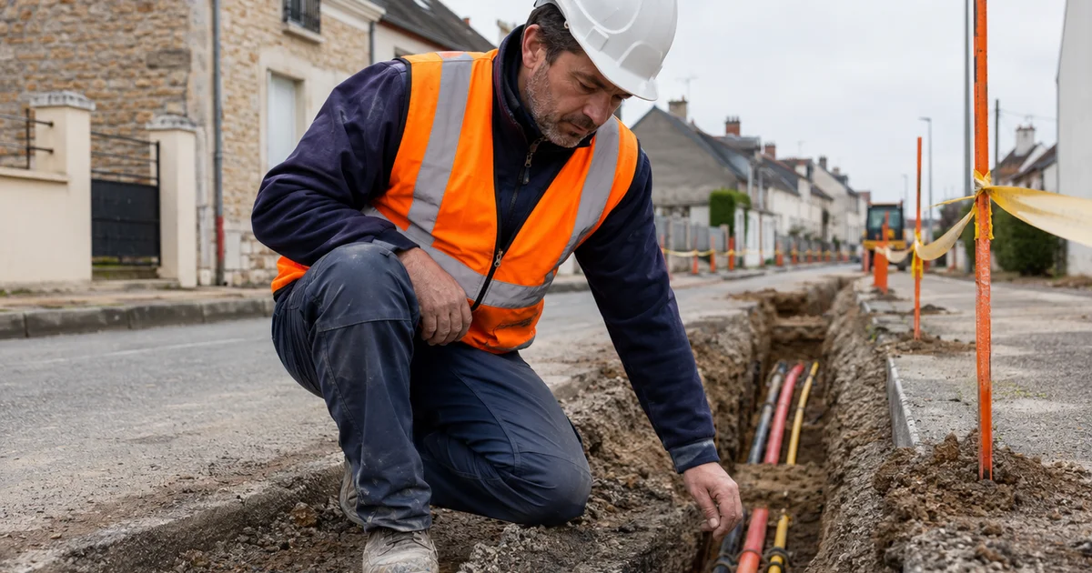 Artisan BTP en gilet orange examinant des câbles souterrains dans une tranchée ouverte, réseaux enterrés visibles