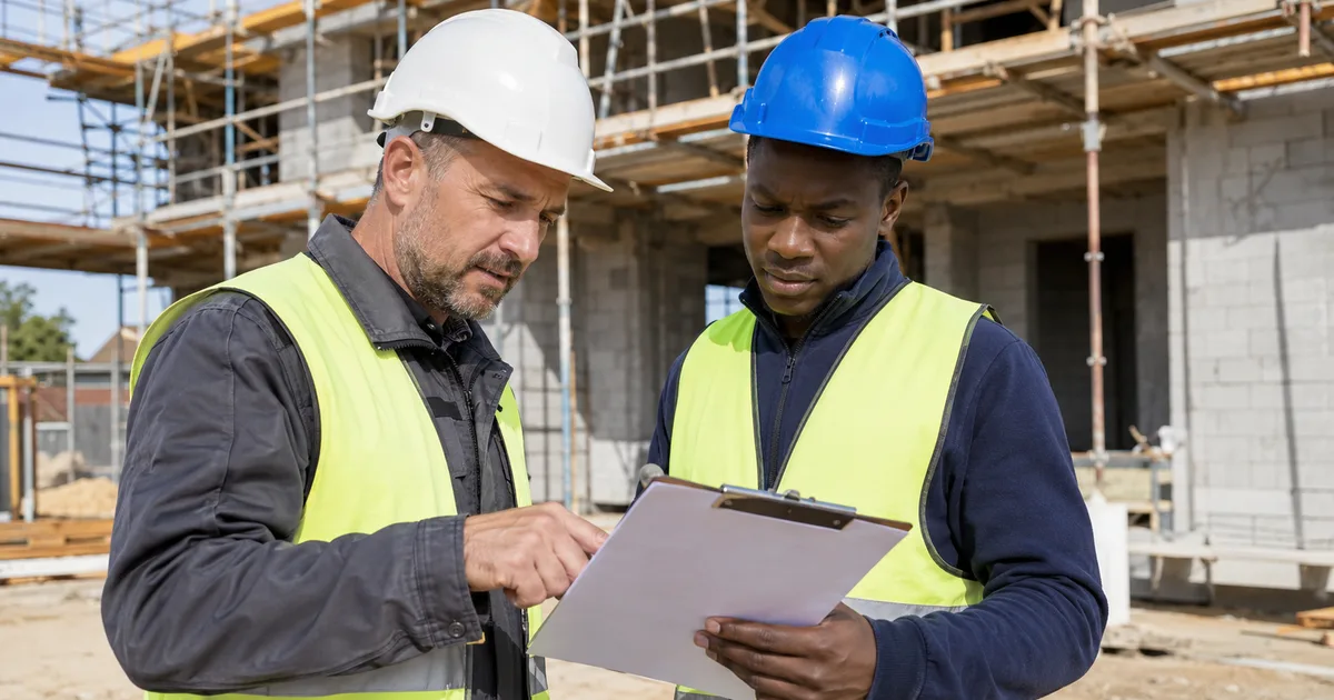 Artisan BTP donneurs d ordre et sous-traitants discutant sur chantier